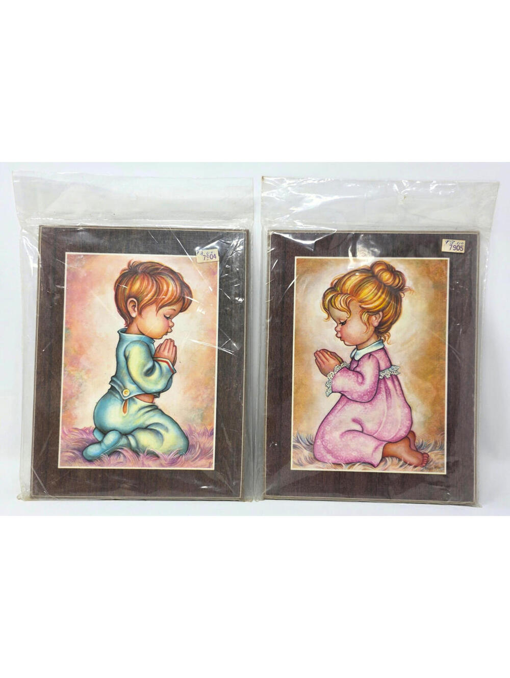 Vintage Praying Boy Girl Wall Plaques Set Sealed Nursery Religious Decor 9x7